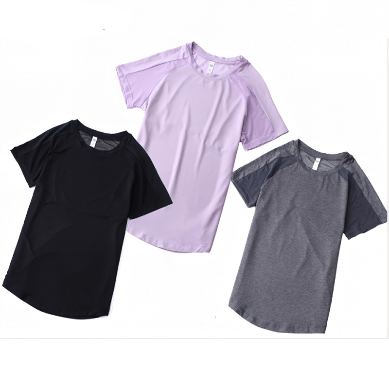 Three women's breathable sports t-shirts with mesh backs in black, purple, and gray, ideal for quick-dry training and yoga.